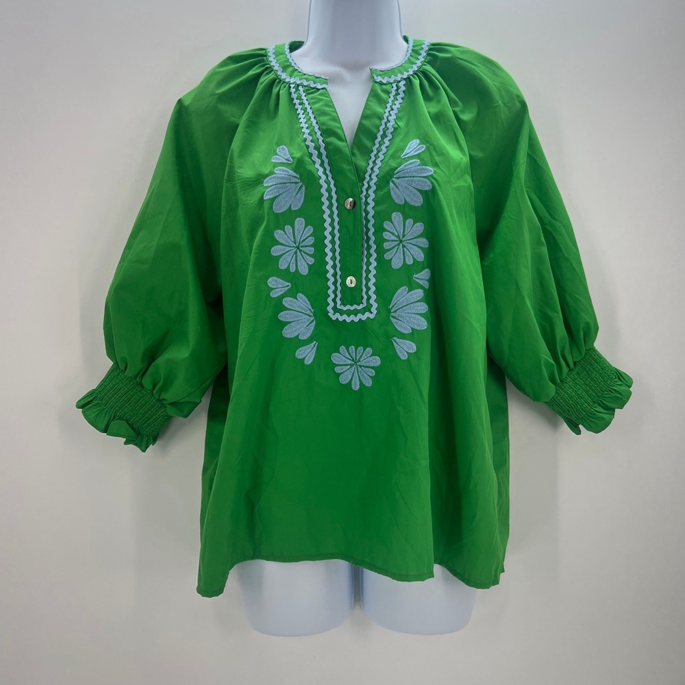 Entro Green Embroidered Tunic Top Womens Medium 3/4 Puff Sleeve Ric-Rac - Picture 11 of 11